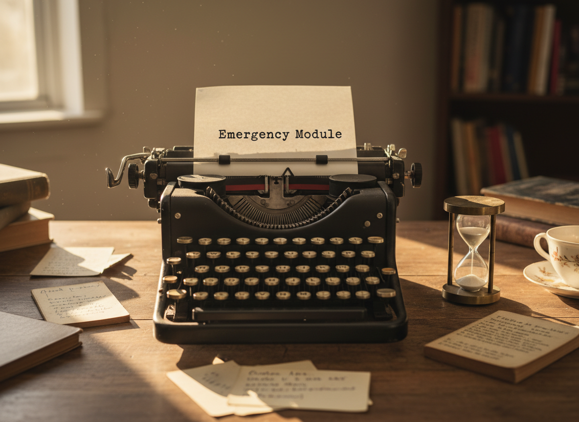 A well-worn vintage typewriter with matte black metal housing and round, cream-colored keys sits at the center of a scarred wooden writing desk. A single crisp page feeds through the roller, bearing the bold title “Emergency Module” in uneven ink. Around it lie scattered index cards, dog-eared poetry chapbooks, and a small brass hourglass mid-flow. Late-afternoon golden light spills through an unseen window, casting long, playful shadows and catching faint dust motes in the air. Shot at eye level with a shallow depth of field, the typewriter is in razor-sharp focus while the background melts into soft bokeh. The photographic realism feels warm, inviting, and slightly mischievous, evoking a global creative writing hub buzzing with possibility.