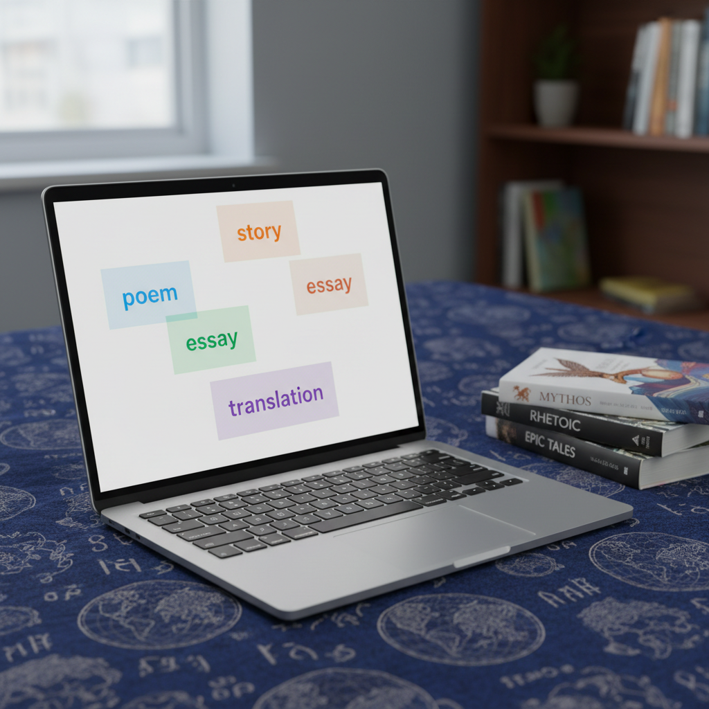 A glowing laptop screen shows a minimalist writing interface packed with overlapping digital documents labeled “poem,” “story,” “essay,” and “translation,” each in a different accent color. The laptop rests on a deep blue fabric surface printed with tiny world maps and ancient script glyphs, like a tapestry of global languages. Beside it, a stack of slim books on myth, rhetoric, and epic tales leans casually. Cool, soft studio lighting illuminates the scene from above, reflecting subtly off the laptop keys and casting a gentle gradient shadow behind the books. Shot from a three-quarter angle with the screen as the compositional focal point, the background fades slightly out of focus. The photographic realism feels modern, playful, and intellectually curious, symbolizing a worldwide community exchanging creative writing across genres and eras.