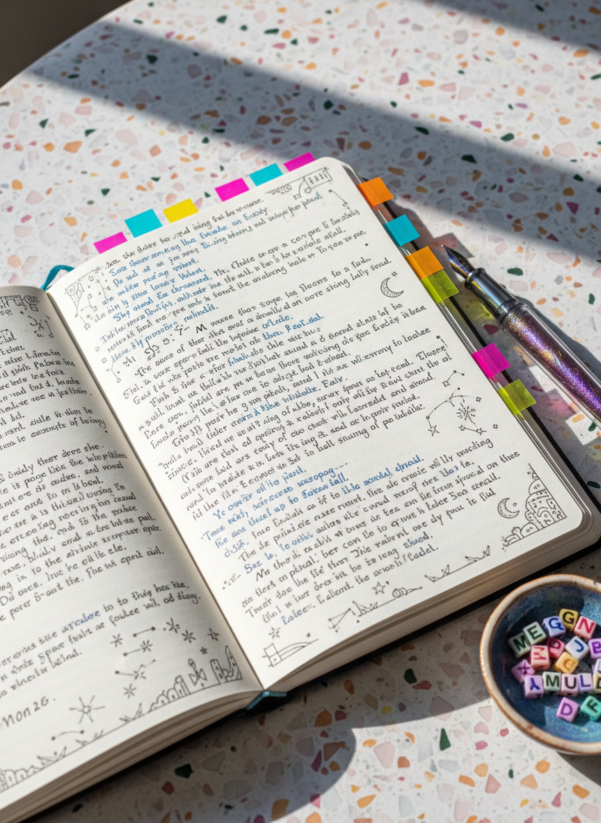 An open hardcover notebook with thick, off-white pages lies diagonally across a terrazzo tabletop, every visible line filled with handwritten poems, story fragments, and tiny margin doodles of constellations and archaic symbols. Colorful sticky tabs jut out from the edges like playful flags. Beside it rests a translucent fountain pen with an iridescent ink reservoir and a small ceramic dish filled with alphabet magnets spelling “EMERGENCY MODULE.” Soft, diffused morning light from a nearby window creates gentle highlights on the glossy ink and subtle shadows from the tabs. Captured from a slightly elevated angle with balanced composition, the entire scene is in clear focus. The photographic style is clean, bright, and whimsical, embodying the organized chaos of a creative writing blog where ideas spill freely.